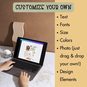 May include: A laptop computer displaying a digital design template with the text "MS. Gold" and a photo of a woman. The design template is customizable with text, fonts, colors, photos, and design elements.