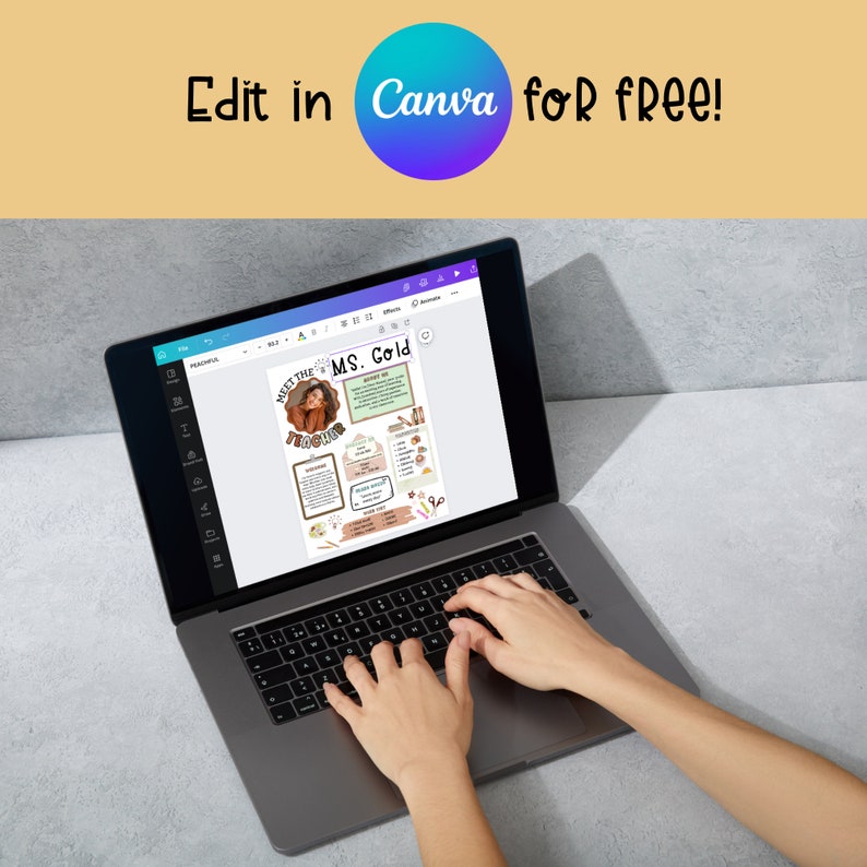 May include: A laptop computer with a white background showing a digital design on the screen. The design is a colorful graphic with the text "Meet the Teacher" and "MS. Gold". The person is typing on the keyboard with their right hand.