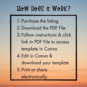 May include: A black and white graphic with the text "How Does it WORK?" and a list of five steps for using a digital template: 1. Purchase the listing, 2. Download the PDF File, 3. Follow instructions & click link in PDF File to access template in Canva, 4. Edit in Canva & download your template, 5. Print or share electronically.