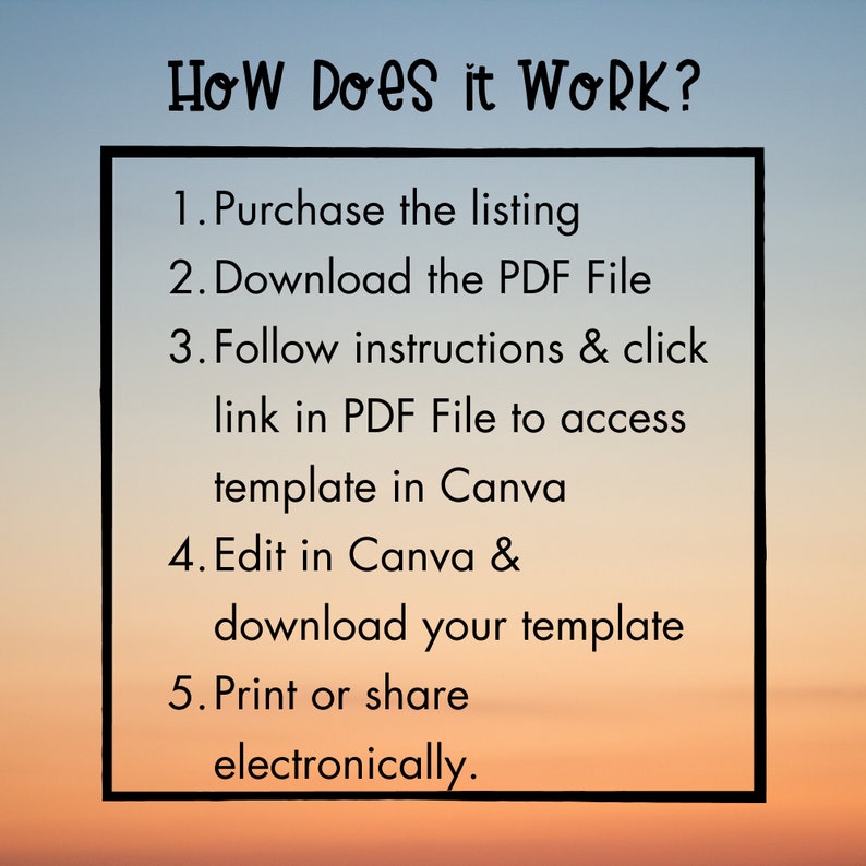 May include: A black and white graphic with the text "How Does it WORK?" and a list of five steps for using a digital template: 1. Purchase the listing, 2. Download the PDF File, 3. Follow instructions & click link in PDF File to access template in Canva, 4. Edit in Canva & download your template, 5. Print or share electronically.