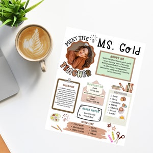 May include: Meet the Teacher card with a light brown background and a photo of a smiling woman. The card includes the teacher's name, Ms. Gold, a welcome message, contact information, a class motto, and a wish list. The card is decorated with colorful illustrations of school supplies and other objects.
