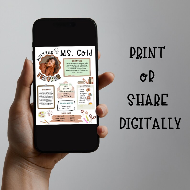 May include: A digital printable or shareable teacher meet the teacher template with a photo of a teacher in a brown shirt and the text "Meet the Teacher" and "Ms. Gold" in brown and black text. The template includes information about the teacher, classroom supplies, and a "What I Love" section.