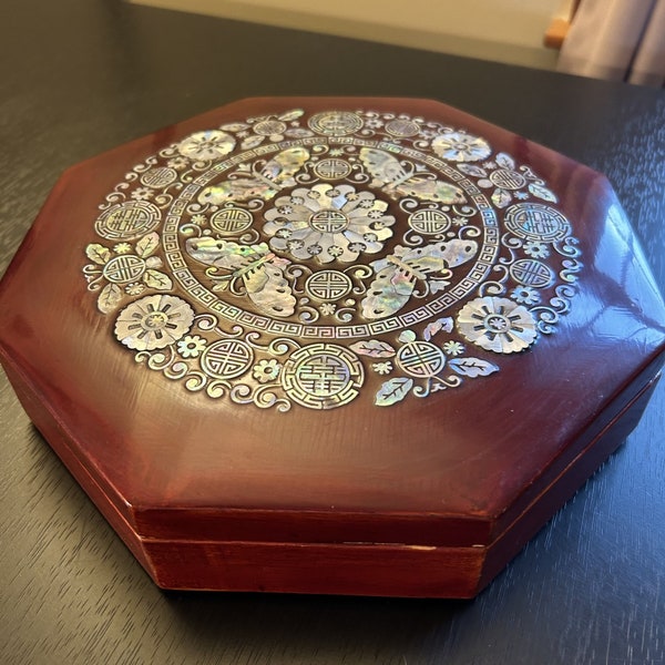 Vintage Japanese/Korean Rosewood w/ Inlay Mother of Pearl Box Lacquer Octagon with nine removeable red lacquered compartments.