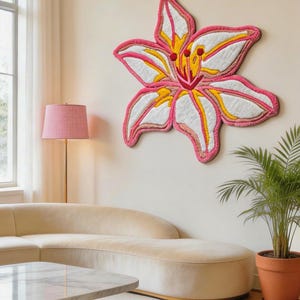 Handmade pink lily tufted rug - floral tapestry home decor image 4