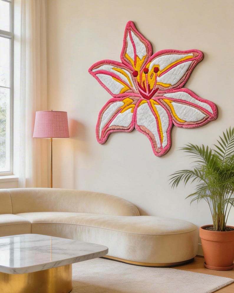 Handmade pink lily tufted rug - floral tapestry home decor image 4