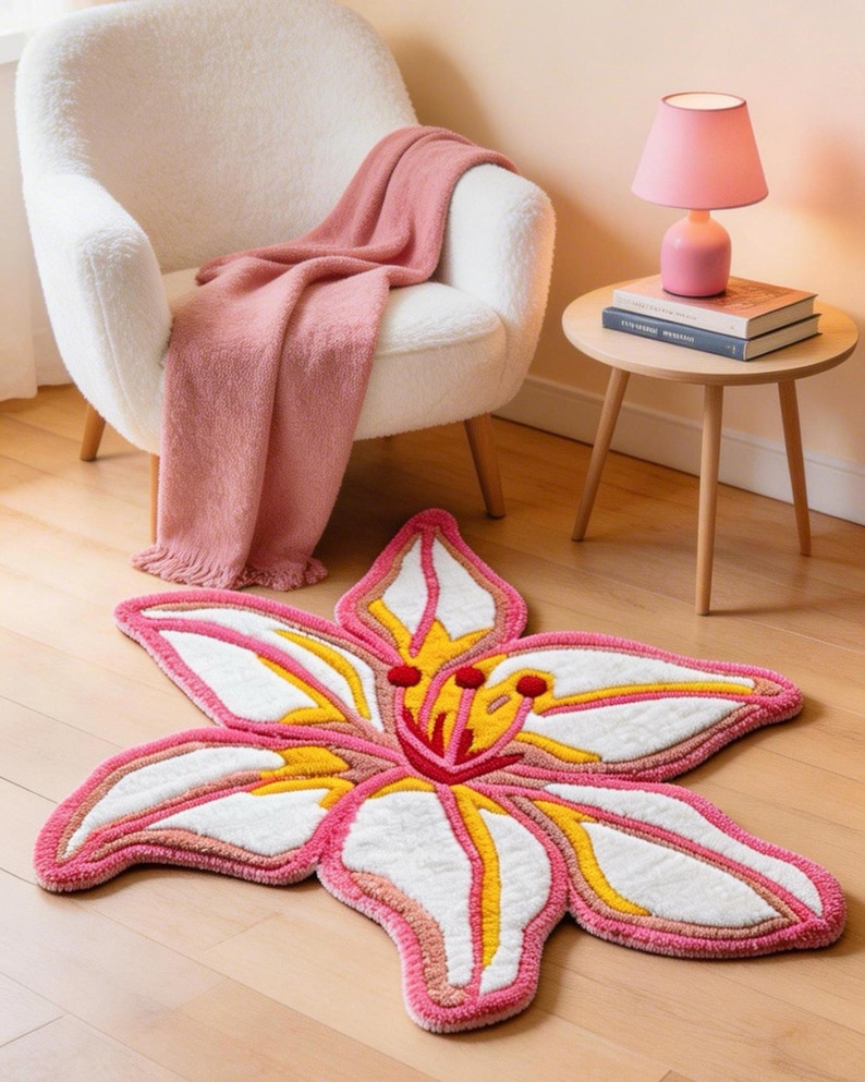 Handmade pink lily tufted rug - floral tapestry home decor image 3