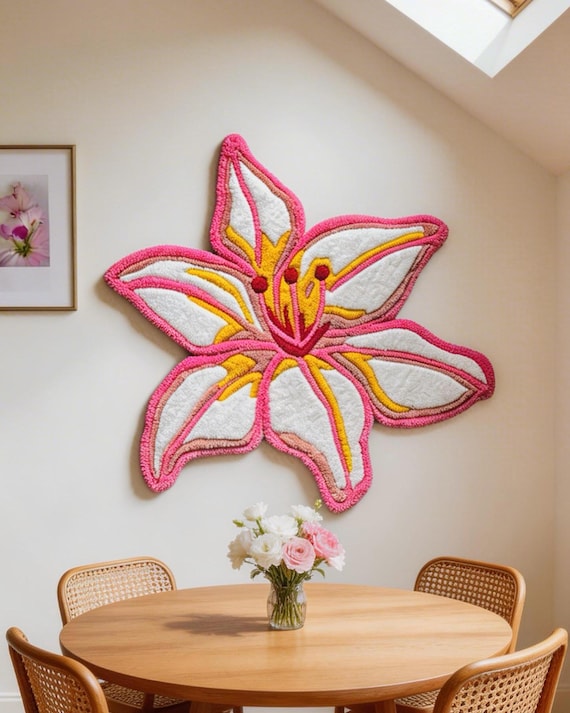 Handmade pink lily tufted rug -  floral tapestry home decor