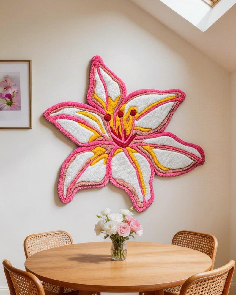 Handmade pink lily tufted rug - floral tapestry home decor image 1