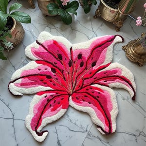 May include: A tufted rug shaped like a large lily flower with six petals. The design features vibrant shades of hot pink, magenta, and deep red, with dark brown spots and white edges. The texture is thick and plush, mimicking the organic form of a lily.