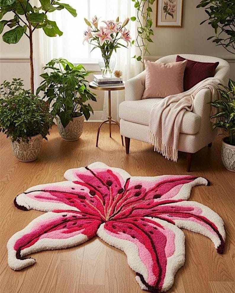 May include: A tufted area rug shaped like a large lily flower, featuring vibrant shades of deep magenta, light pink, and white. The rug has a textured, plush surface with detailed petal contours and dark spots, mimicking the appearance of a blooming lily.