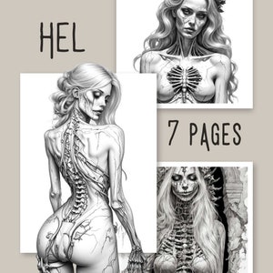 Hel Norse queen aka goddess of death 7 pages grey scale gray scale coloring pages norse mythology  goddess of darkness underworld flesh bone