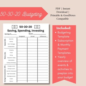 50 30 20 Budgeting Worksheet / Investment Terms / Printable & Digital / Goodnotes Compatible
