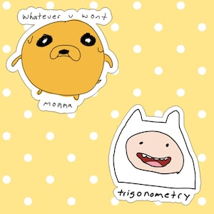 May include: Two die-cut stickers on a yellow background with white polka dots. One sticker is a round orange character with the text "Whatever u wont momma". The other sticker is a white-hooded character with the text "trigonometry" below it.