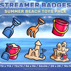 Peut inclure: Ensemble de six badges de jouets de plage de style dessin animé pour les streamers Twitch. Les badges comprennent une pelle bleue, un râteau orange, un seau rouge, un seau rouge avec une pelle bleue, un château de sable avec une pelle bleue et un château de sable avec un seau rouge, une pelle bleue et un râteau orange. Les badges sont de différentes tailles, allant de 18x18 pixels à 112x112 pixels. Le texte "TWITCH.TV/MIZUKI" est en bas de l'image.