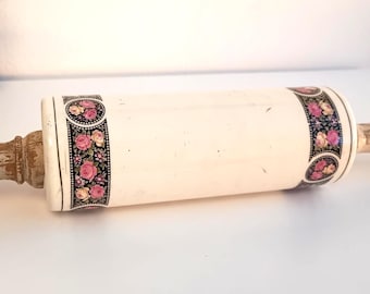 Vintage Ceramic Rolling Pin Decorative Ends w/ Wood Handles Kitchen Decor