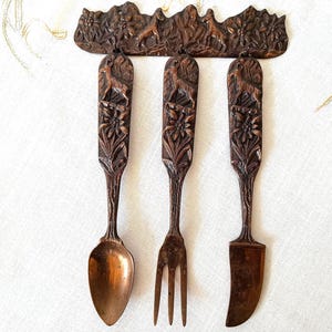 Large Bronze Spoon-Knife-Fork Set Deer Woods Theme With Rack Wall Decor