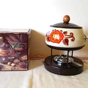 NEW Vintage Enamel and Wood Fondue Set 1970&#39;s UNUSED