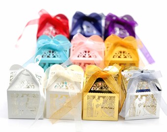 25pcs Laser Cut Wedding Bride and Groom Wedding Favor Candy Gifts Boxes