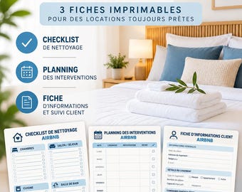 Peut inclure: Un kit de nettoyage Airbnb imprimable comprenant trois fiches : une checklist de nettoyage, un planning des interventions et une fiche d'informations client. Le texte indique KIT DE NETTOYAGE AIRBNB et 3 FICHES IMPRIMABLES.