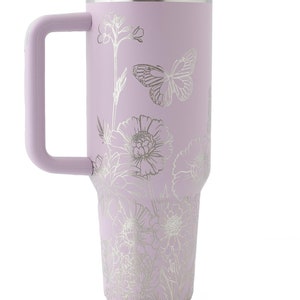 Light Purple 40oz Tumbler with Handle and Straw – Laser Engraved with Flowers and Butterflies, Cute Insulated Cup, Gift for Her