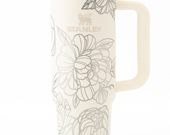 Stanley tumbler engraved with peony flower wrap design | Cream Stanley Quencher 30oz perfect gift for flower lover or garden enthusiast