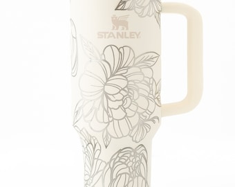 Stanley tumbler engraved with peony flower wrap design | Cream Stanley Quencher 40oz perfect gift for flower lover or garden enthusiast