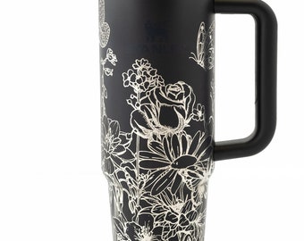 Stanley tumbler engraved with flower and butterflies design | Black Stanley Quencher 30oz perfect gift for flower lover or garden enthusiast