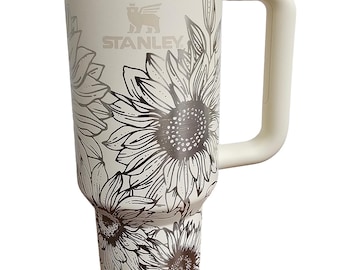 40oz Stanley Cream Tumbler with Sunflower Design, Laser Engraved Stainless Steel Cup