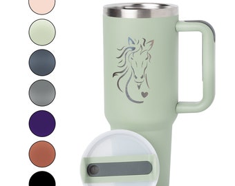 40 oz tumbler with Handle | Laser engraved straw drinkware with horse and heart design