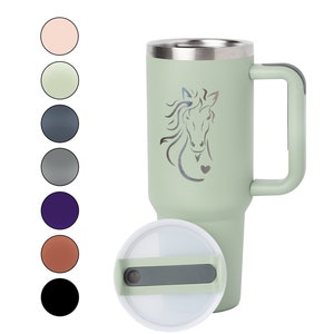 40 ounce tumbler engraved with horse and heart design | Laser engraved tumbler with handle perfect gift for horse enthusiast or equestrian