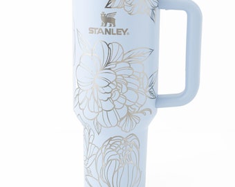 Heather Blue Stanley Tumbler with Handle – Laser Engraved Peony Flower Design – 40oz Insulated Cup