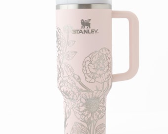 Stanley tumbler engraved with zinnia & carnation floral design | Bloom pink Stanley Quencher 40oz perfect gift for gardener or flower lover