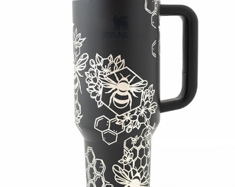 Stanley tumbler engraved with bumble bee and honeycomb design | Black Stanley Quencher 40oz perfect gift for nature lover or gardener