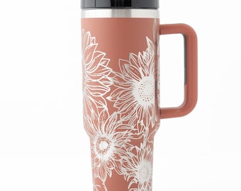 40 oz tumbler with handle engraved with sunflowers | Rust colored sunflower mug perfect gift for flower lovers or gardeners