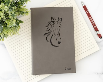 Custom notebook laser engraved with horse and heart | Personalized leatherette notebook perfect gift for horse lovers and equestrians