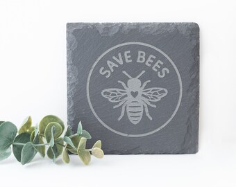 Slate stone coasters (set of 4) laser engraved with save bees and bumble bee | Custom coasters perfect housewarming present idea