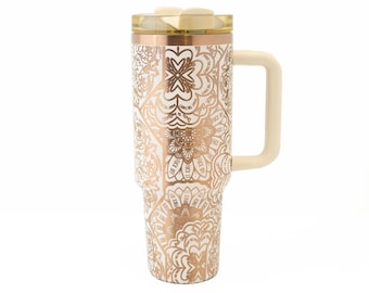 40 oz tumbler with Handle | Laser engraved cream and brushed copper straw drinkware with hidden cuss word (f*ck) mandala design