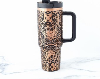 40 oz tumbler with Handle | Laser engraved straw drinkware with hidden cuss word (f*ck) mandala design