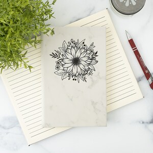Personalized journal engraved with sunflower | Custom white marble leatherette notebook perfect gift for sunflower fans or garden enthusiast