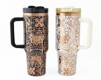 40 oz tumbler with Handle | Laser engraved straw drinkware with hidden cuss word (f*ck) mandala design