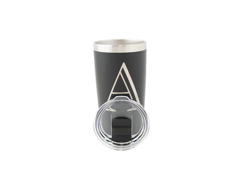 Yeti Rambler 20oz Tumbler with MagSlider Lid in Black with Monogram. Shown with lid facing front.