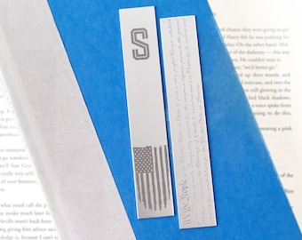 Metal bookmark laser engraved with monogram, American flag and Constitution preamble | Patriotic bookmark gift for veteran or patriot