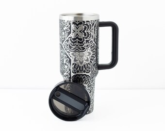 40 oz tumbler cuss mandala | Laser engraved straw drinkware with handle and hidden swear word (f*ck) mandala design