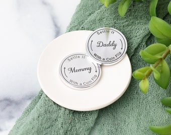 Flip Coin laser engraved with "Mommy" on one side and "Daddy" on the other | Aluminum coin with diamond edges perfect gift for new parents.