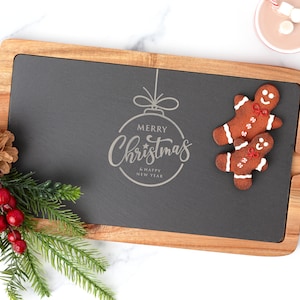 Christmas Meat and cheese board laser engraved with &quot;Merry Christmas&quot; | Slate & Acacia wood cheese and cracker platter holiday gift for host