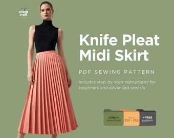 Knife Pleated Midi Skirt Sewing Pattern, Beginner Friendly (PDF Download, XS–2XL)