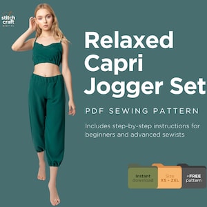 May include: A PDF sewing pattern for a relaxed capri jogger set. The pattern includes step-by-step instructions for beginners and advanced sewists. The pattern is available in sizes XS-2XL and includes an instant download and a free pattern.