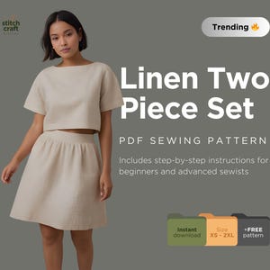 Patrón de costura para conjunto de top de lino y falda fruncida, patrón de falda modesta, falda fruncida, falda de verano para mujer, tallas A0/A4/Carta, XS a XXL