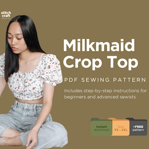 Milkmaid Crop Top Sewing Pattern Download, Womens Cottage Core Top, Milkmaid blouse Pattern, Short Bishop Sleeves, 10 Sizes XS to XXL