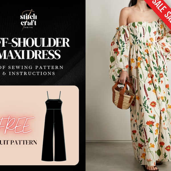 Off Shoulder Maxi Dress Sewing Pattern, Summer Dress Pattern, Long Dress Sewing Pattern, Full Length Dress PDF Pattern, 10 Sizes XS-XXL